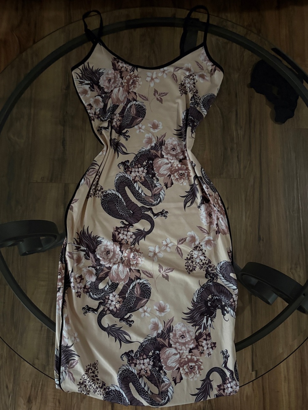Floral Dragon Slip Dress in Beige and Black